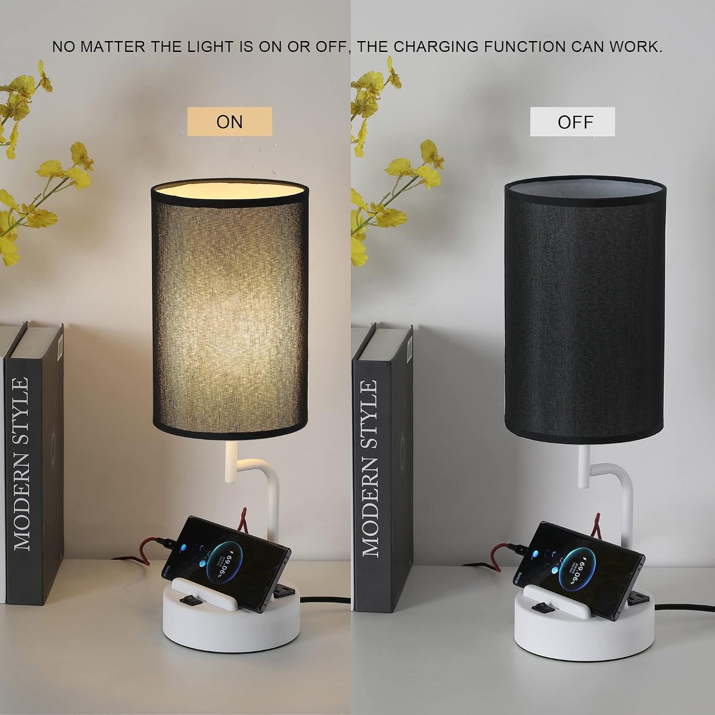 Dreamholder Table Lamp with 3 USB Charging Ports, Modern Desk Lamp with AC Outlet and Phone Stands, Perfect Bedside Lamp for Bedroom, Living Room, Office (Pack of 2), Cream