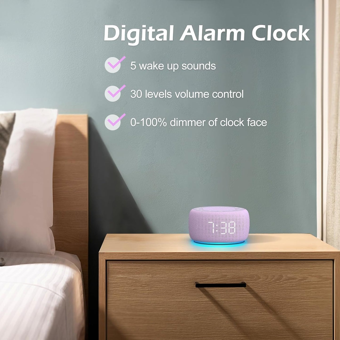 Buffbee Alarm Clock with Sound Machine for Bedrooms – 2-in-1 White Noise Machine for Sleep, Gentle Wake-Up with Soft Alarm Sounds, Ambient Night Light, Plug-in, Sleep Better, Wake Gently