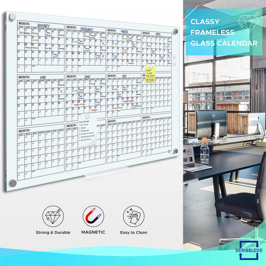 Magnetic 34”x46” Glass Whiteboard Calendar Yearly Dry Erase Planner for Wall Large Glass Whiteboard Calendars for Home and Office