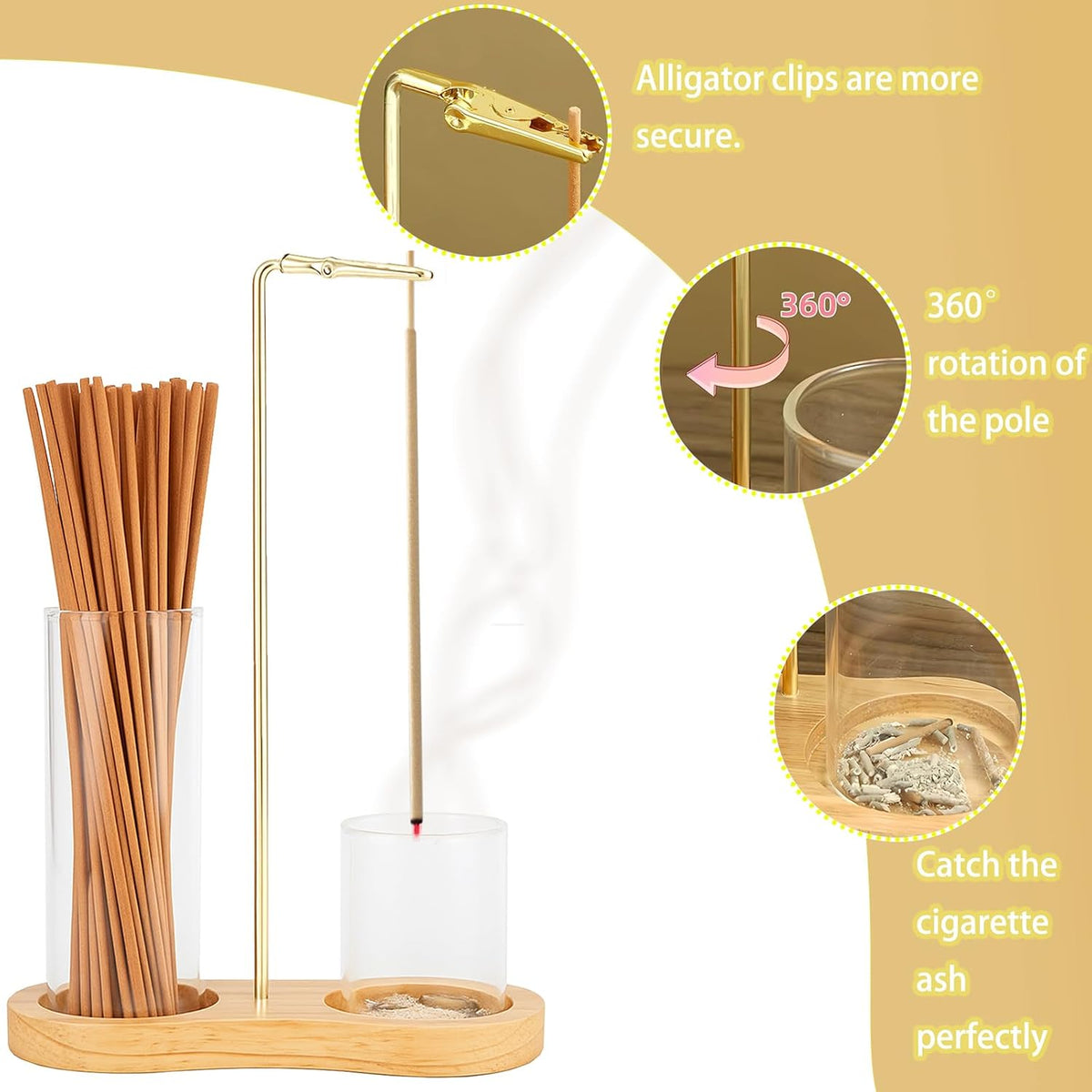 2 in 1 Incense Holder for Sticks, Insence-Stick Holder with Glass Ash Catcher & Incense Sticks Organizer, Anti-Ash Flying Incense Burne for Yoga, Spa, Meditation, Wooden Home Decor