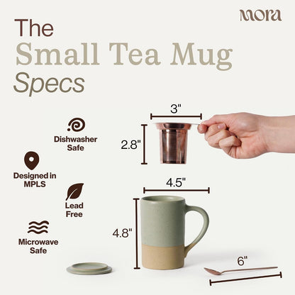 Mora Ceramics Tea Cup with Loose Leaf Infuser, Spoon and Lid, 12 oz, Microwave and Dishwasher Safe Coffee Mug - Rustic Matte Ceramic Glaze, Modern Herbal Tea Strainer - Great Gift for Women, Garnet