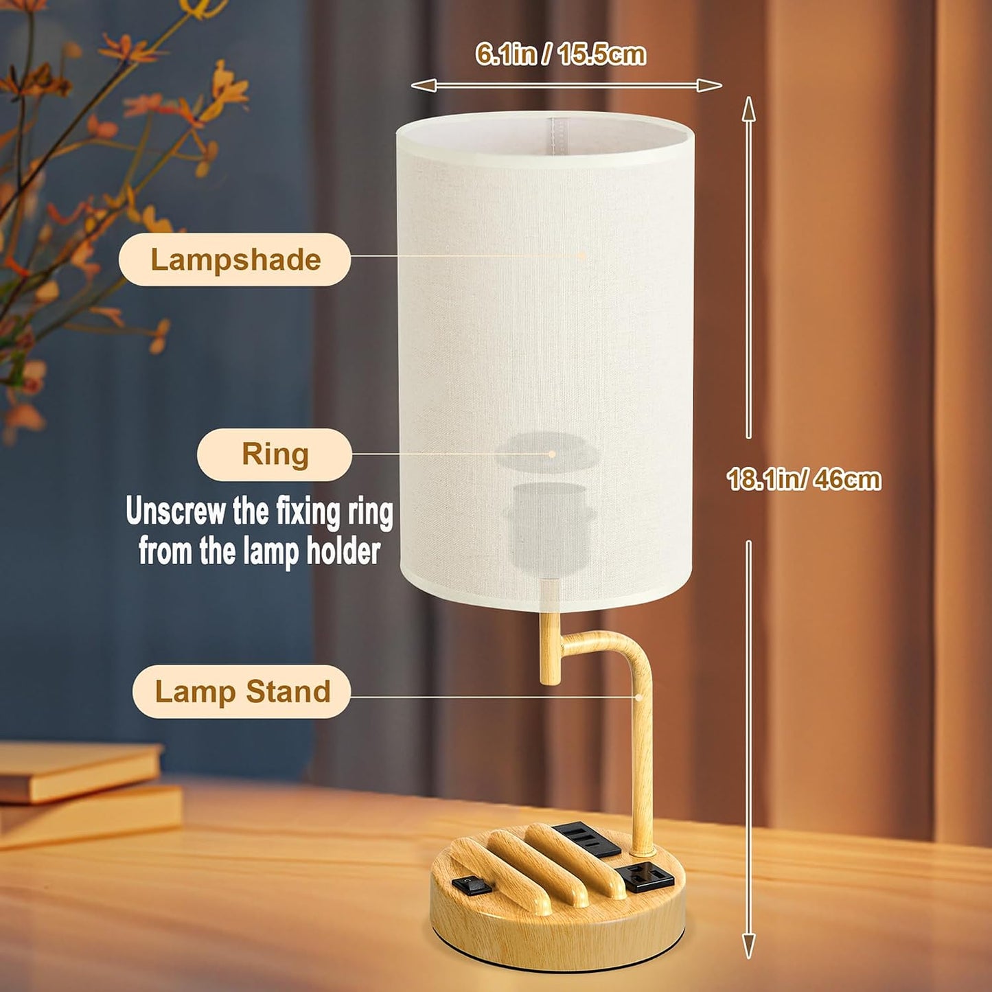 Dreamholder Table Lamp with 3 USB Charging Ports, Modern Desk Lamp with AC Outlet and Phone Stands, Perfect Bedside Lamp for Bedroom, Living Room, Office (Pack of 2), Cream