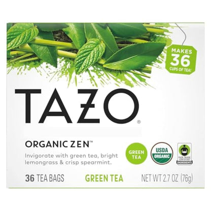 TAZO Organic Zen Green Tea, Caffeinated Tea with Refreshing Lemongrass & Spearmint, 36 Total Bags (Pack of 2)