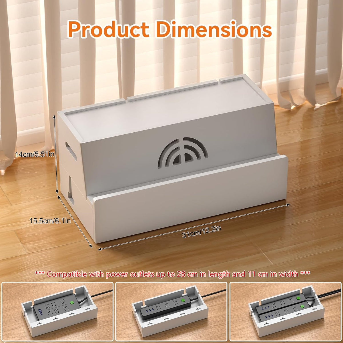 Bamboo Cable Management Box, White, 31X14X15.5CM