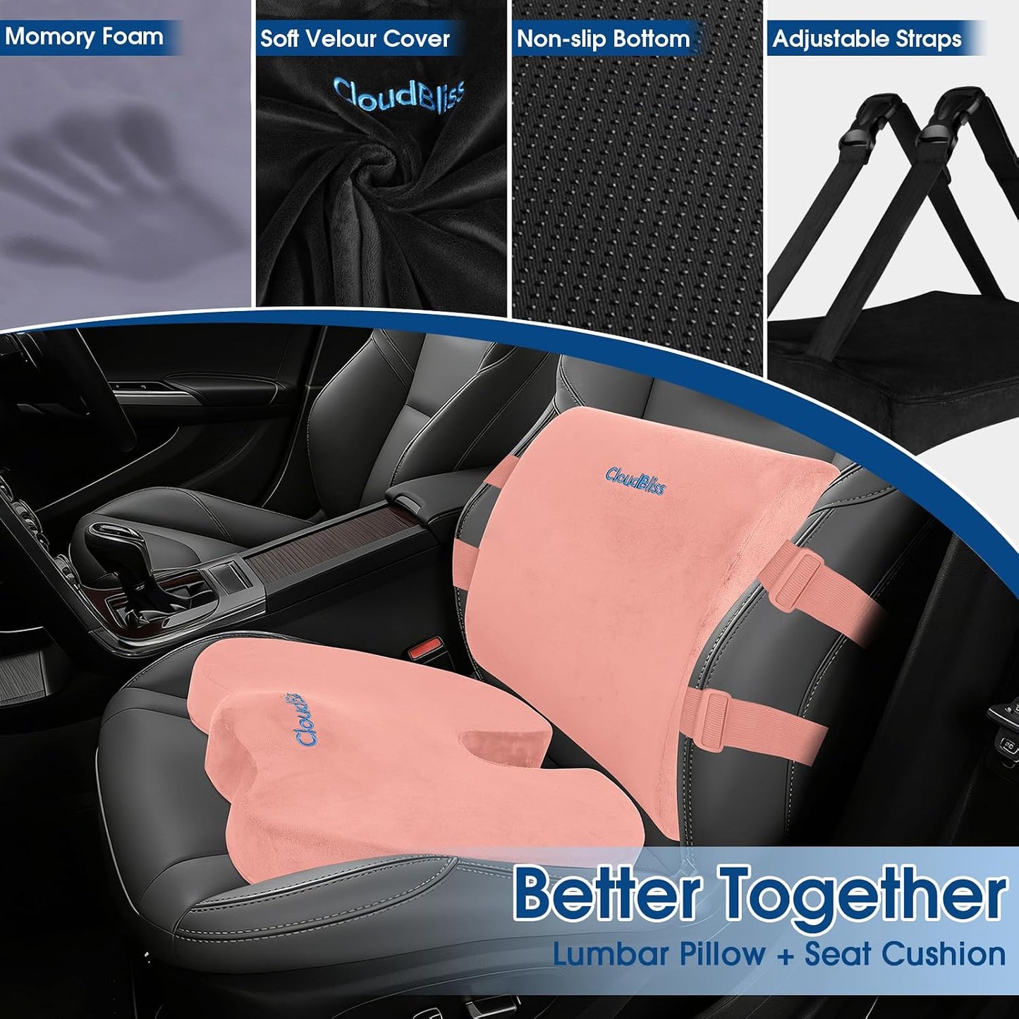 CloudBliss Lumbar Support Pillow & Seat Cushion Set for Office Chair, Desk Chair, Wheelchair & Car – Memory Foam Back Support, Ergonomic Chair Cushions, Sciatica Pain Relief, Home Essentials, Black