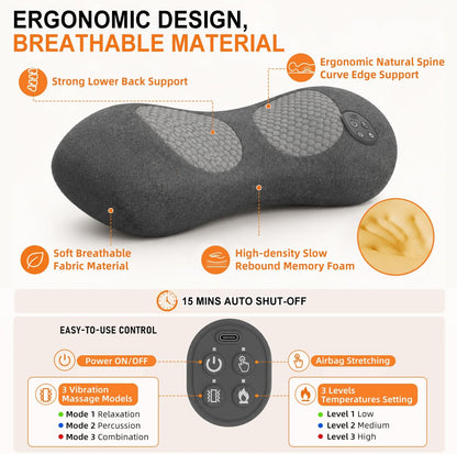 Upgraded Cordless Lumbar Support Pillow for Pain Relief Deep Tissue, 3-in-1 Heated Lower Back Massager Pillow with 3000mAh Battery, Heat, Massage, Electric Stretch, Back Support Pillow for Chair Car