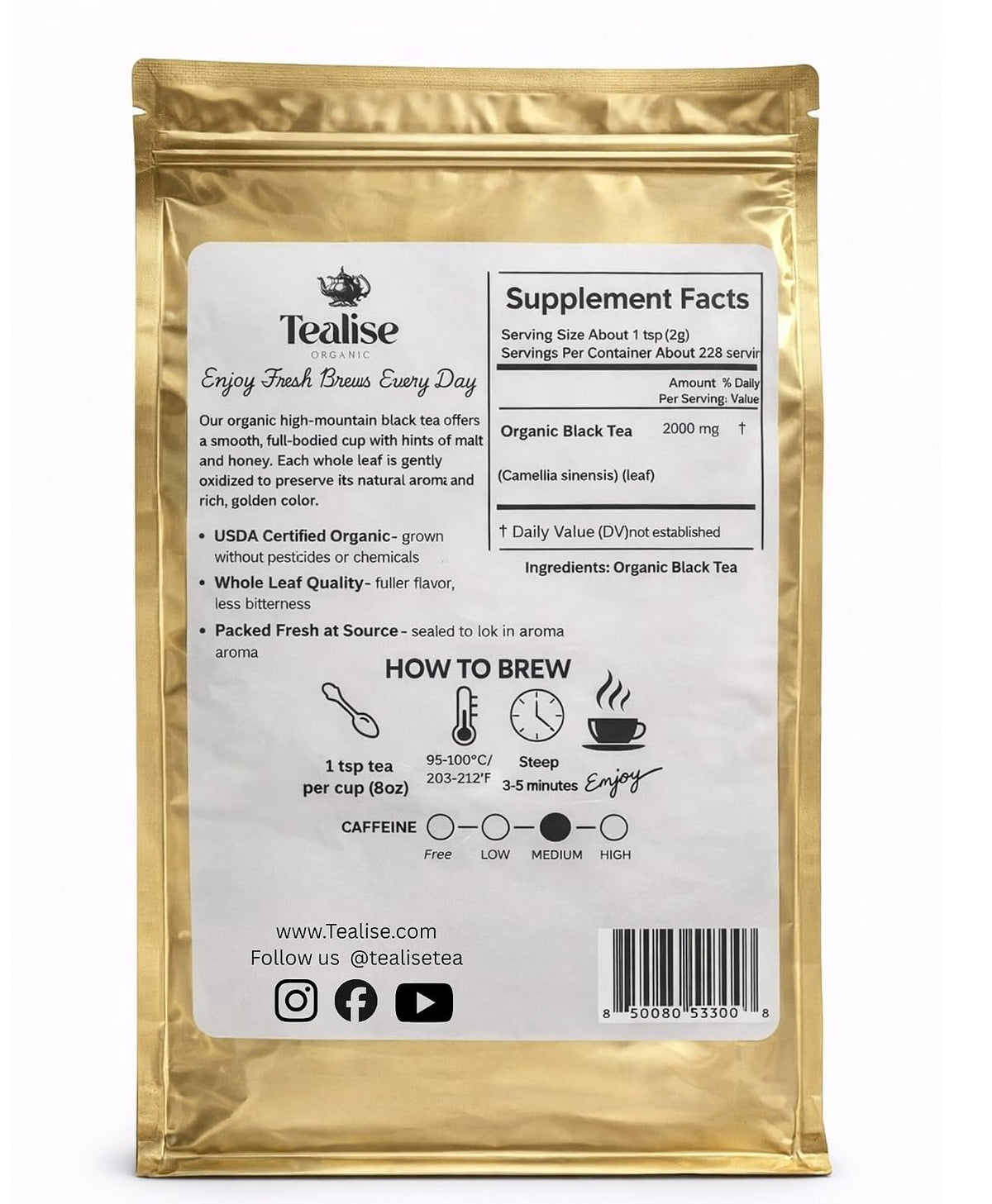 Organic English Breakfast Black Tea – High Mountain Yunnan Whole Leaf Tea – Bold, Smooth & Full-Bodied Morning Tea – 1 lb (454g) Bulk Loose Leaf – USDA Organic – Tealise