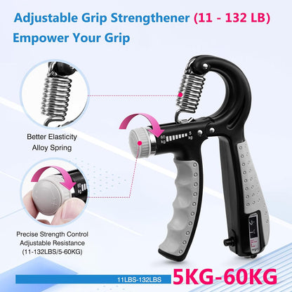 CYFIE Grip Strength Trainer Kit with Adjustable Resistance 10 - 132 Lbs, Forearm Exerciser, Finger Stretcher, Stress Ball, Forearm Strengthener for Workout wuth Storage Bag, Muscle Building and Recovery