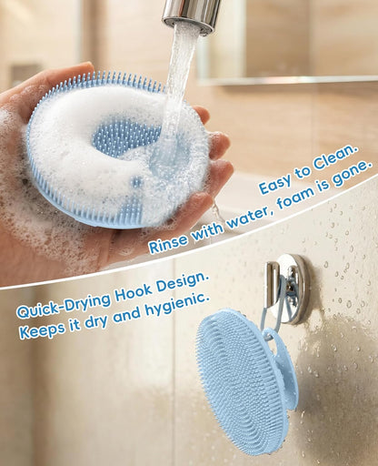 2 Pack Soft Silicone Shower Brush, Body & Face & Short Hair Wash, Bath Exfoliating Skin Massage Scrubber, Dry Skin Brushing Glove Loofah, Fit for Sensitive and All Kinds of Skin (PeonyPink+Green)