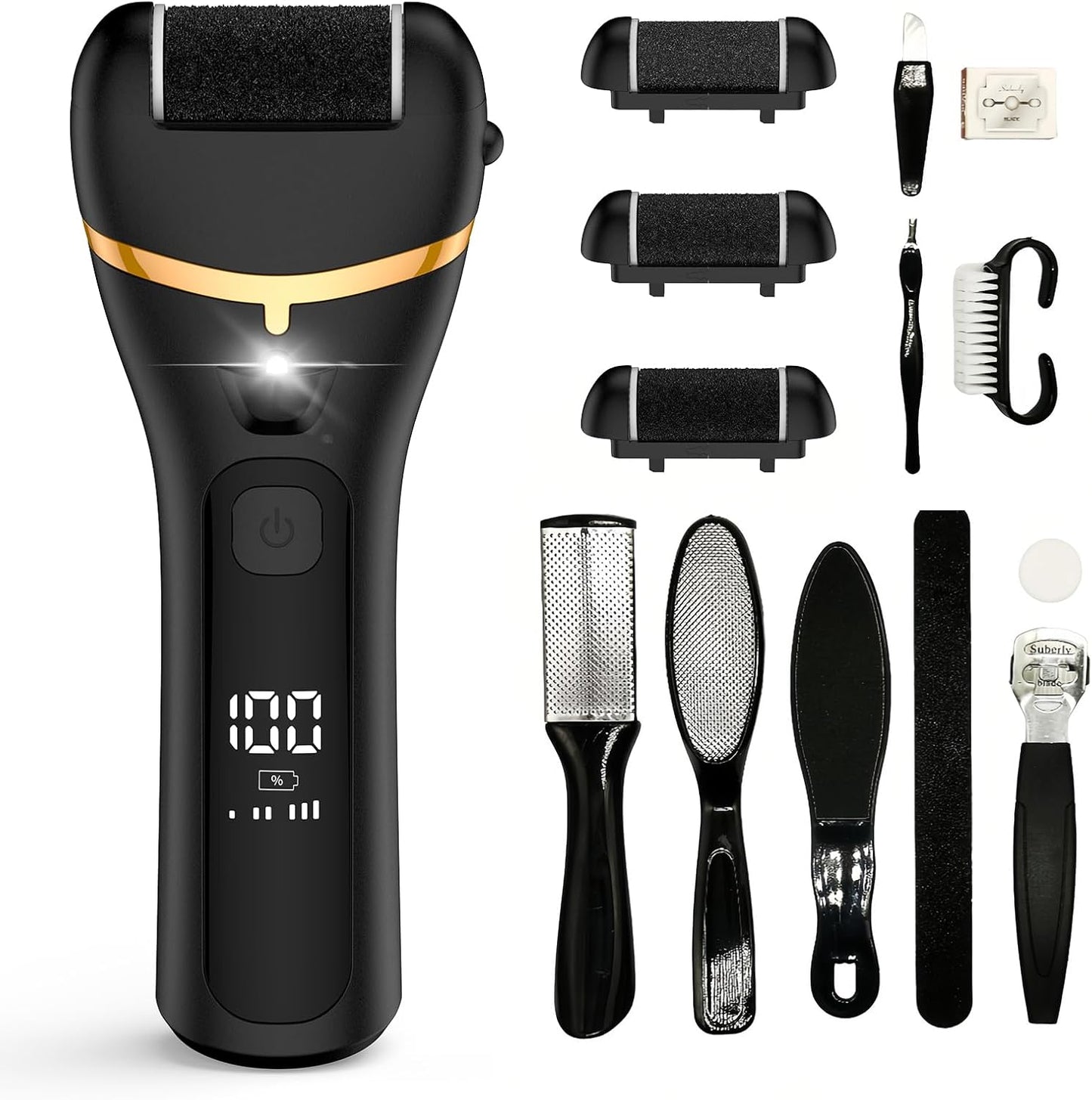 Electric Callus Remover for Feet Rechargeable Hard Skin Remover with 3 Replacement Rollers, Electric Foot Care with LED Light L02