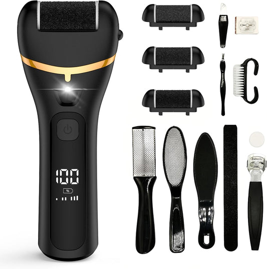 Electric Callus Remover for Feet Rechargeable Hard Skin Remover with 3 Replacement Rollers, Electric Foot Care with LED Light L02