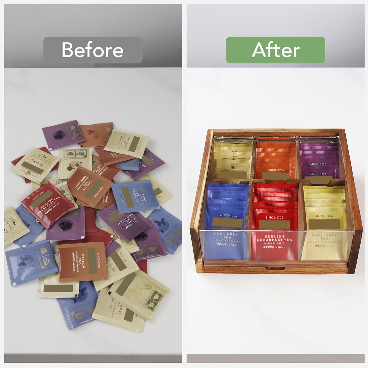 HTB Acacia Wood Tea Bag Organizer Storage Box with 6 Compartments