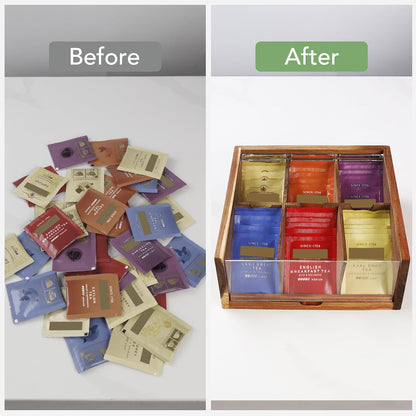 HTB Acacia Wood Tea Bag Organizer Storage Box with 6 Compartments