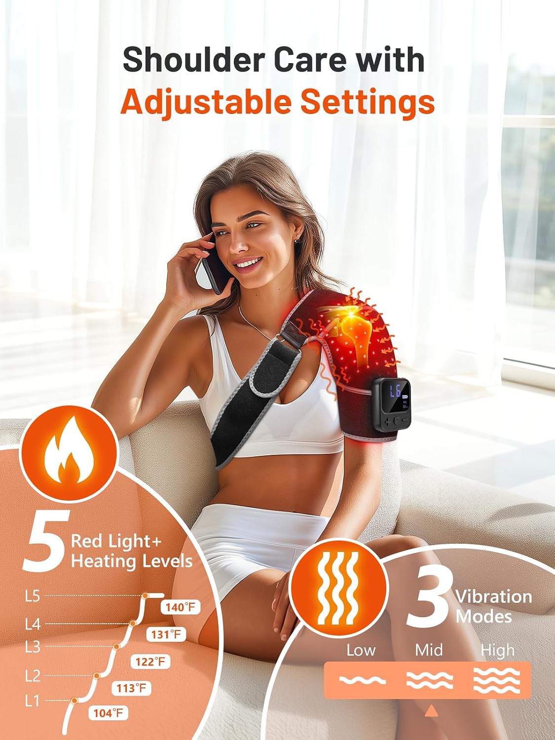 Red Light Therapy for Shoulder with Heat & Massage, 6 Modes Cord-Free Controller Infrared Light with 216 Beads 660nm & 850nm Portable Heated Shoulder Pad, Last 110-240mins