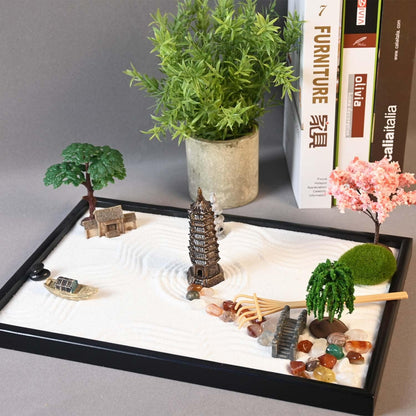 Mini Zen Garden, White Sand, 10" x 7" Rectangular Plastic Tray with Meditation Accessories