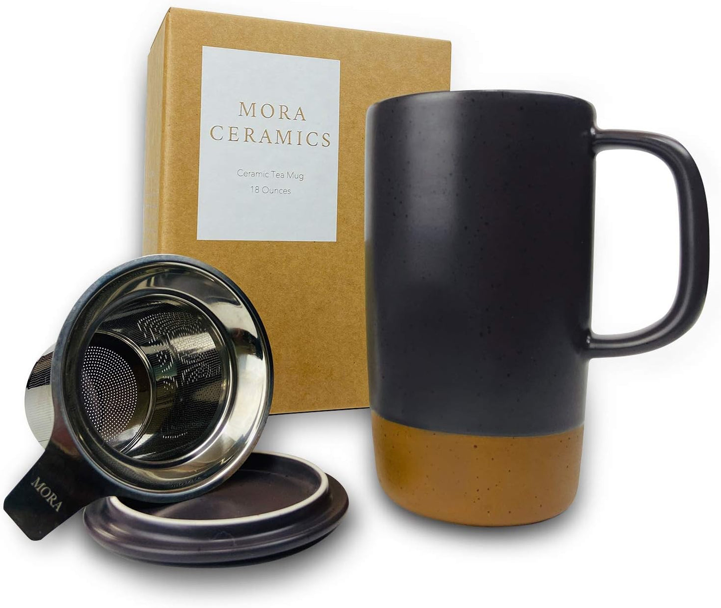 Mora Ceramics Large Tea Mug with Loose Leaf Infuser and Ceramic Lid, 18 oz, Portable, Microwave and Dishwasher Safe, Tall Coffee Cup - Rustic Matte Ceramic Glaze, Modern Herbal Tea Strainer, Olive