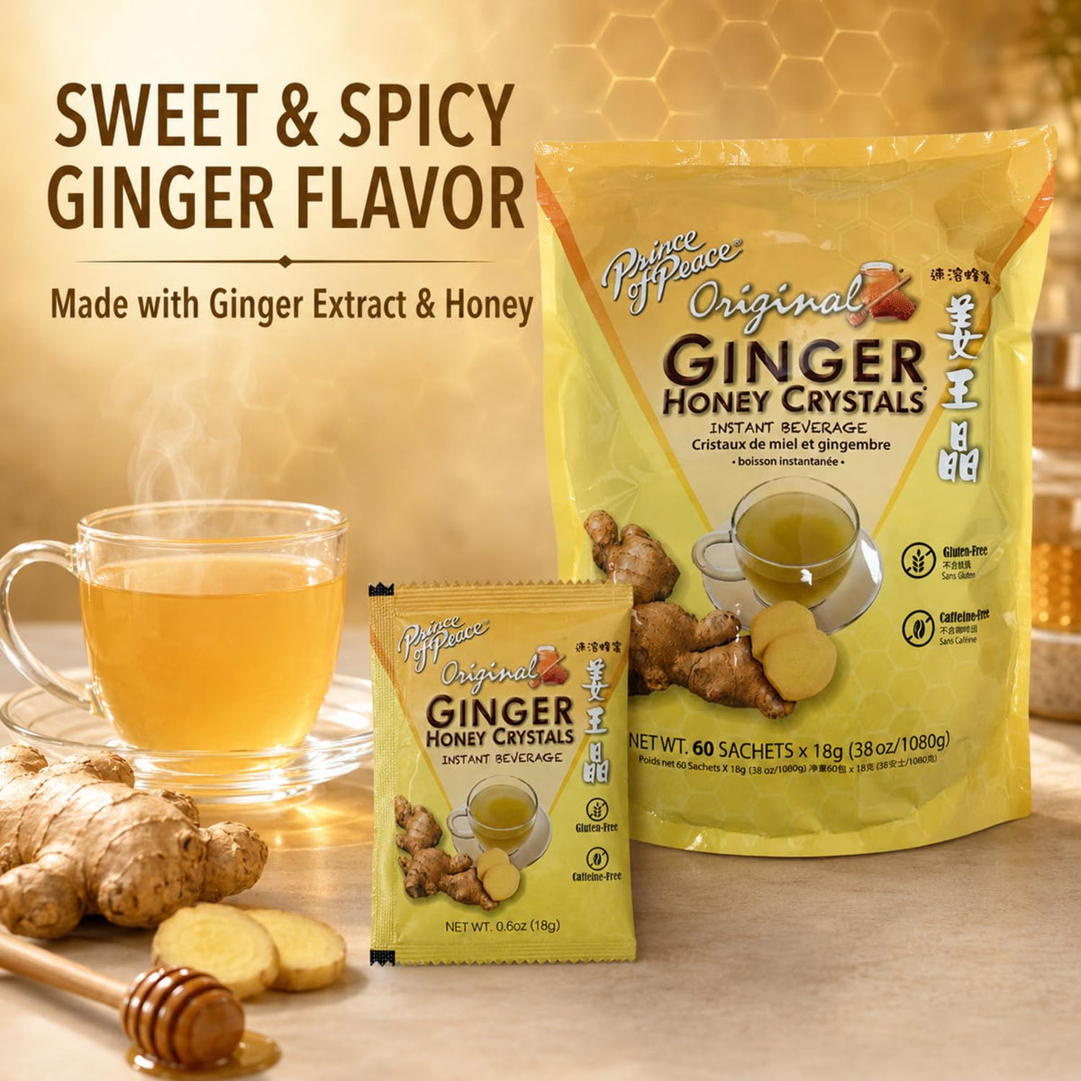 Instant Ginger Honey Crystals Family Value Pack 60 Sachets 18g per Sachets (Total 38oz/ 1080g) By Prince of Peace