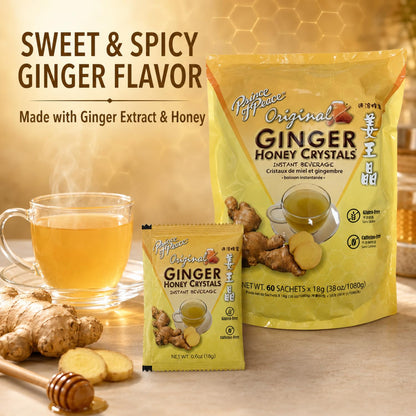 Instant Ginger Honey Crystals Family Value Pack 60 Sachets 18g per Sachets (Total 38oz/ 1080g) By Prince of Peace
