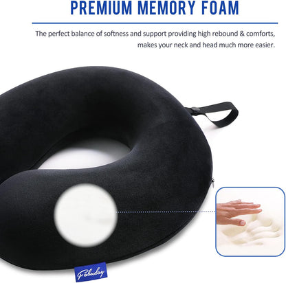 Travel Pillow Memory Foam for Airplanes - Neck Pillow for Traveling, Car, Home, Flight Pillow for Sleeping with Attachable Snap Strap Soft Washable Cover, Provide Head Neck Support Rest, Dark Gray