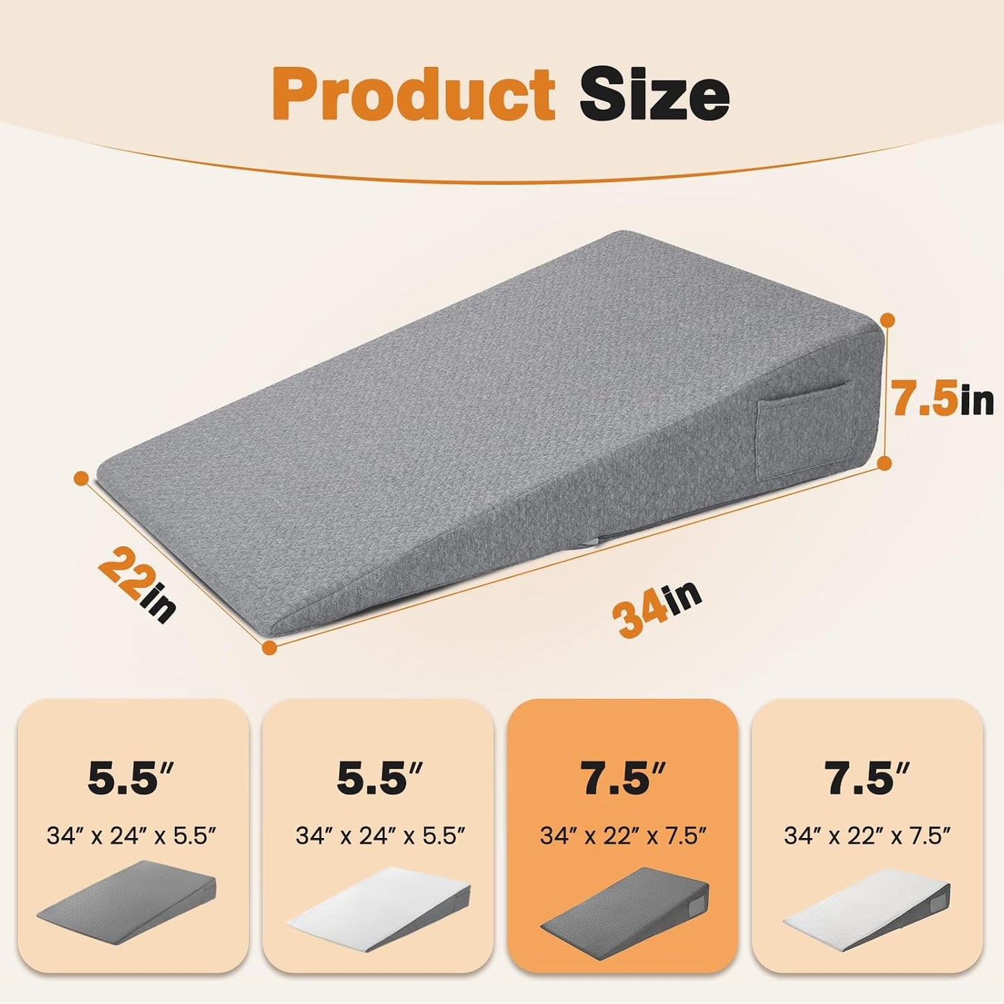 Vekkia 34" Extra-Long Wedge Pillow, 5.5" Bed Wedge Pillow for Sleeping,Gray
