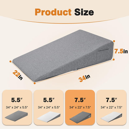Vekkia 34" Extra-Long Wedge Pillow, 5.5" Bed Wedge Pillow for Sleeping,Gray