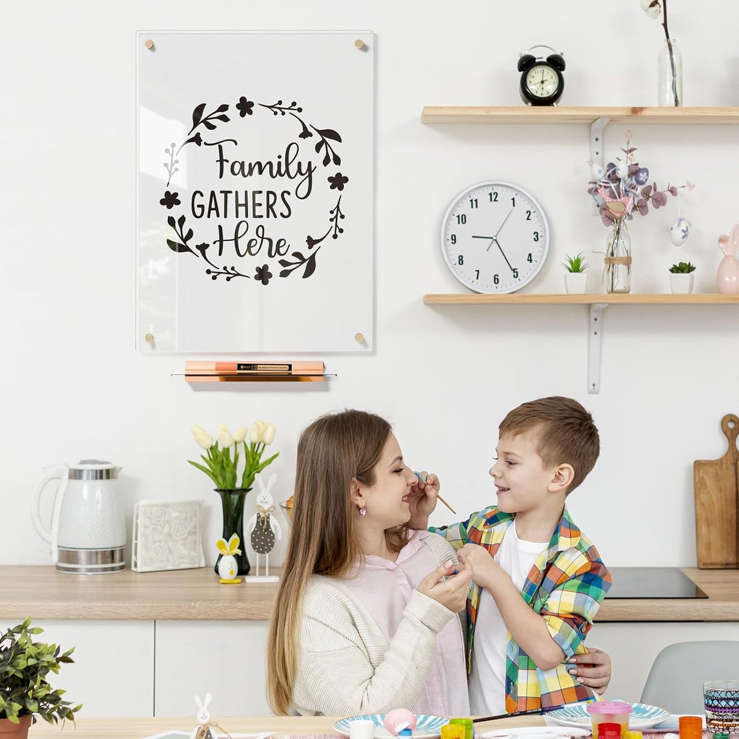 Black Glass Golden Monthly Dry Erase Calendar Whiteboard for Wall, 17" x 23", Frameless Large Planner White Board for Home Kitchen Office, 4 Wet Erase Markers Included, Yeoux
