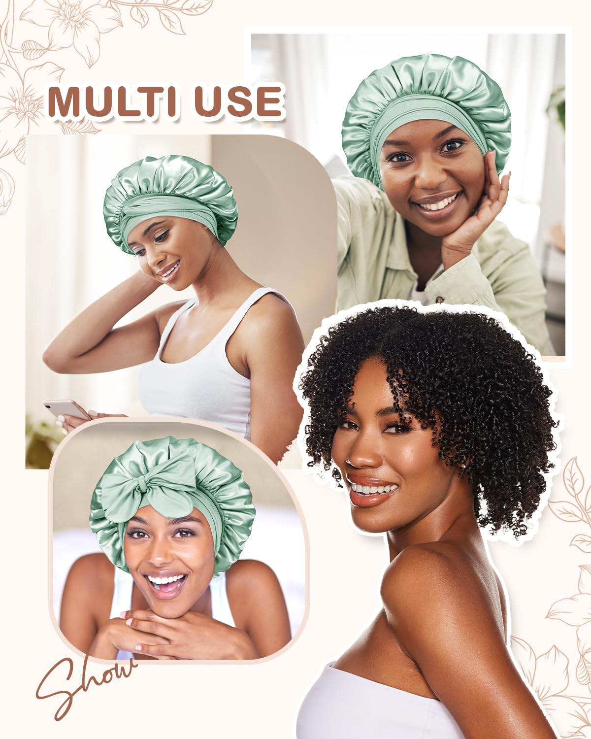 BONNET QUEEN Silk Bonnet for Sleeping for Women Satin Bonnet Night Cap for Curly Hair with Tie Band, Single Layer, Cream Pink