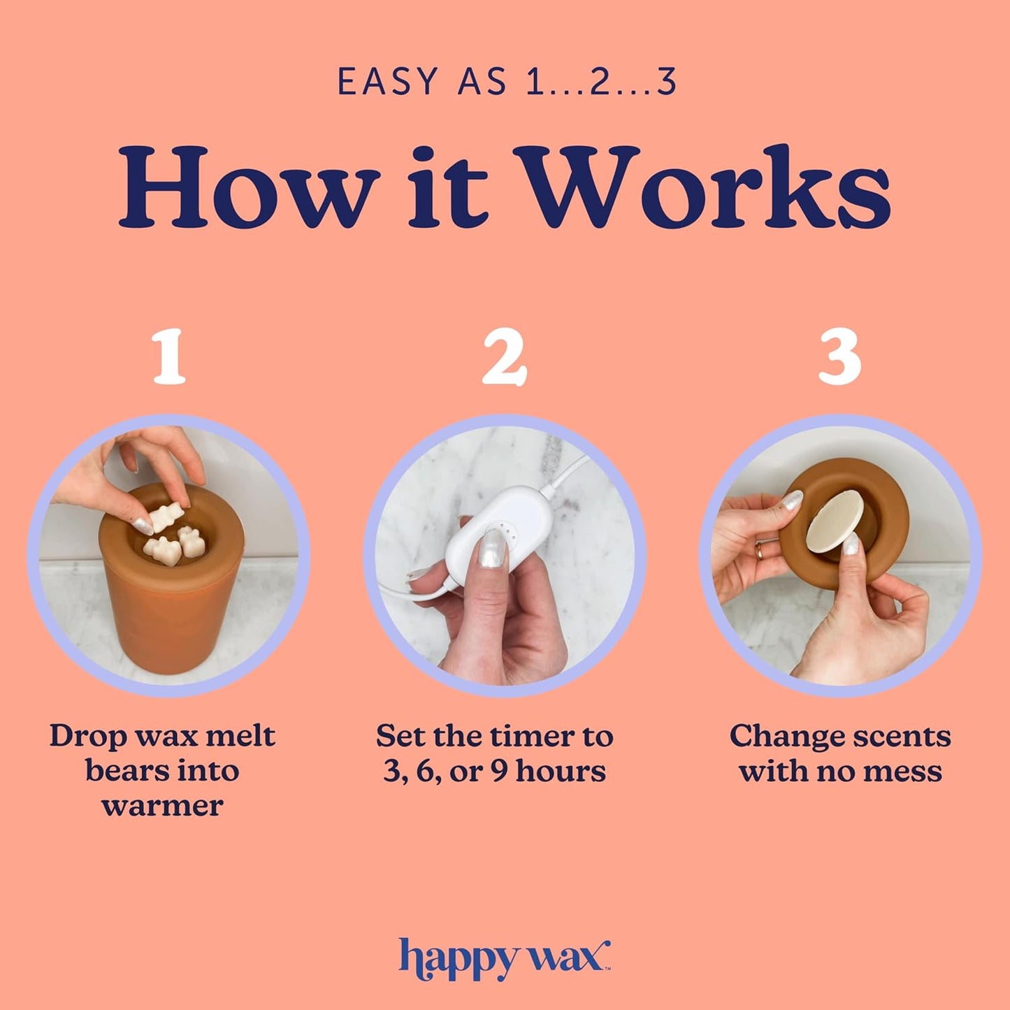 Happy Wax Marble Signature Wax Melt Warmer for Scented Wax Melts, Cubes & Tarts – Electric Wax Melter with Automatic Timer and No Scrape Silicone Dish for Easy Wax Removal