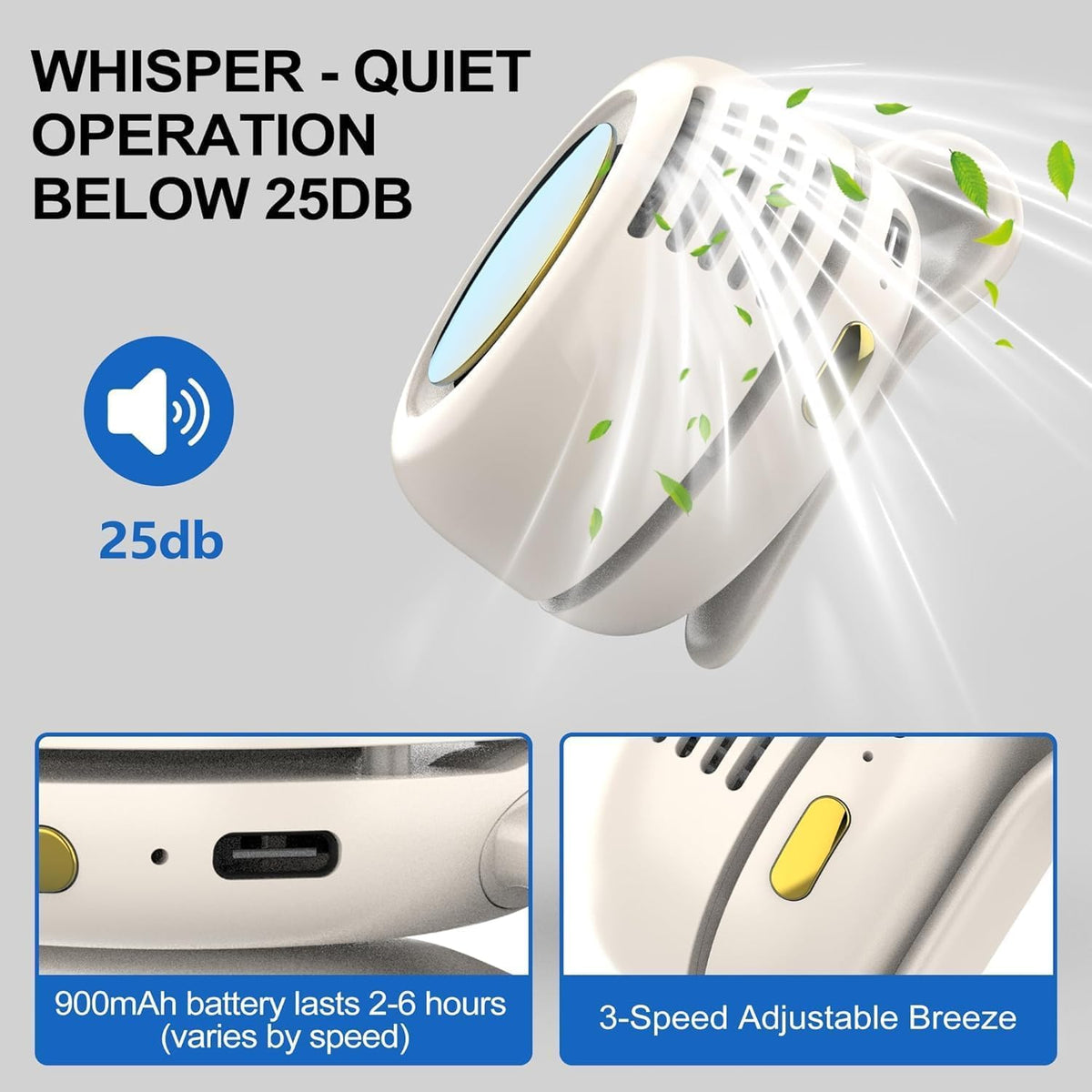 TFQXA1Z Portable Silent Clip On Bladeless Fan, Rechargeable Wearable Fan - Hands-Free Waist & Neck Cooling, 3 Speeds, Up to 5H Runtime, USB-C Fast Charge (White)