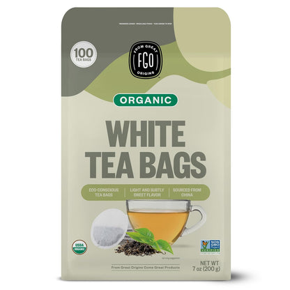 FGO Organic White Tea, 100 Count, Eco-Conscious Tea Bags, Resealable Bag, Packaging May Vary (Pack of 1)