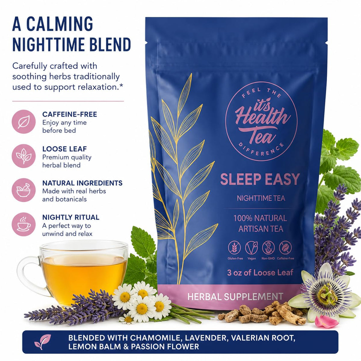 Sleep Easy Herbal Tea 3 oz – Chamomile, Lavender, Lemon Balm, Valerian Root & Passion Flower – Natural Sleep Support for a Calm, Restful Night’s Rest. Caffeine-Free. (includes: 35 empty unbleached filter tea bags inside)