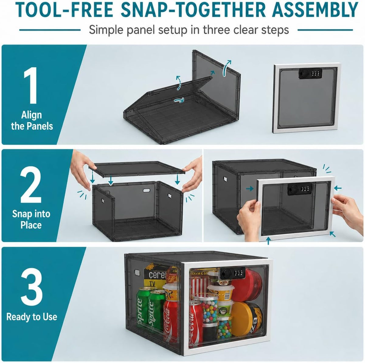 2 Pack Large Medication Lock Box with Code, Clear Lockable Storage Box for Refrigerator, Cabinet & Dorm, Stackable Medicine Box for Prescriptions, Snacks, Phone, 11.9" x 9.3" x 7.6", Black