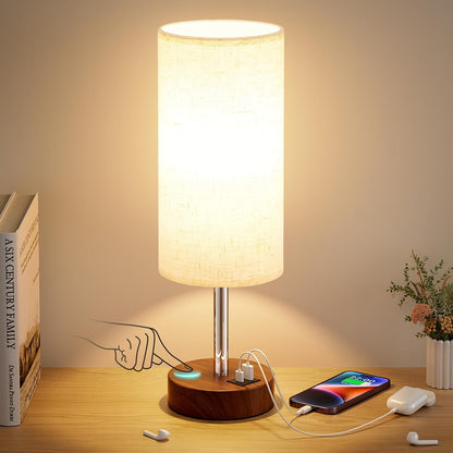 Dicoool Touch Bedside Table Lamp with USB - 3 Way Dimmable Wood Lamp for Bedroom Nightstand, Desk Lamp with Charging Station for Dorm, Living Room, Office, Kids Room, Small, 14in