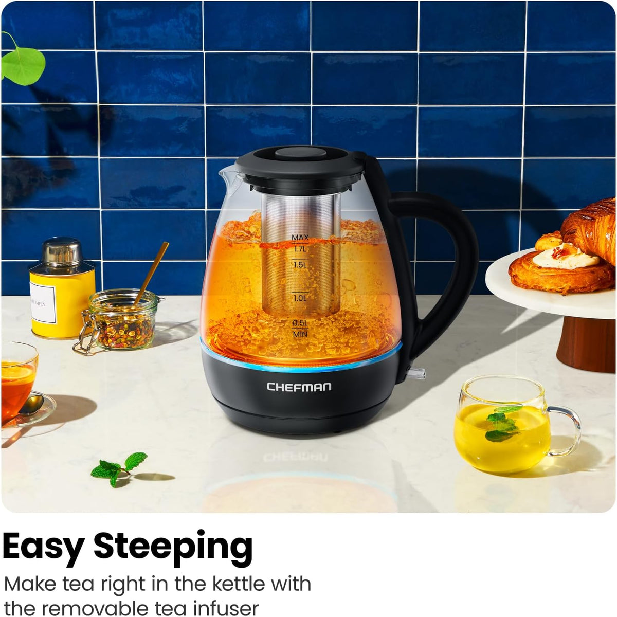 Chefman Electric Kettle with Tea Infuser, Compact 1L (4 Cups), 1500W, Removable Lid for Easy Cleaning, Boil-Dry Protection, Stainless Steel Filter, BPA Free, Auto Shut Off, Small Electric Tea Kettle