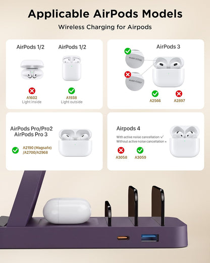 Wireless Charger for iPhone - 5 in 1 Charging Station for Multiple Devices Apple: Fast Wireless Charging Stand Dock for iPhone 17 16e 16 15 14 13 12 Pro Max Apple Watch Airpods