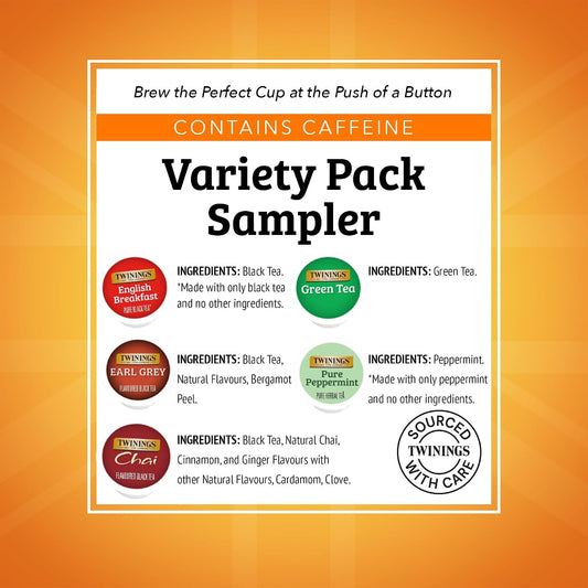 Twinings K-Cup Pods Variety Pack, Includes English Breakfast, Earl Grey, Chai, Green, and Peppermint for Keurig and Single Cup Brewers, 10 Count (Pack of 1), Enjoy Hot or Iced