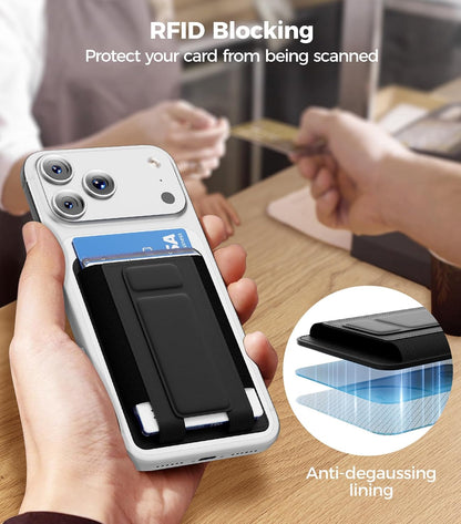 for MagSafe Wallet, Works with Apple Find My, 5-Card RFID Holder with Stand Also Grip, Strong Magnetic Wallet for iPhone 17/16/15/14/13/12 Pro Max Air Plus, Wireless Charging, Black