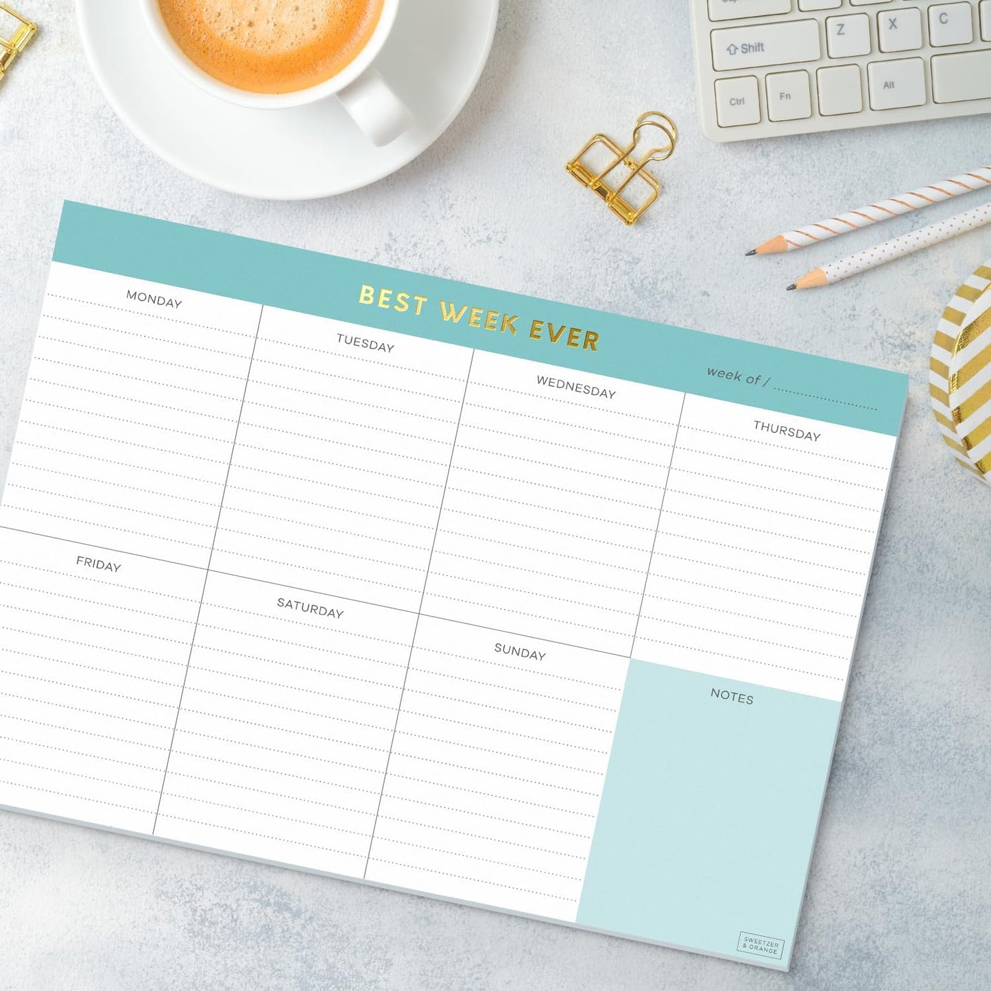Sweetzer & Orange Weekly To Do List Pad. Gold Foil 7 days Planner with Daily Roadmap Agenda Squares. 7x10” Day Workbook 2026 - Student Blueprint, Work Manual, and Checklist Note Pad