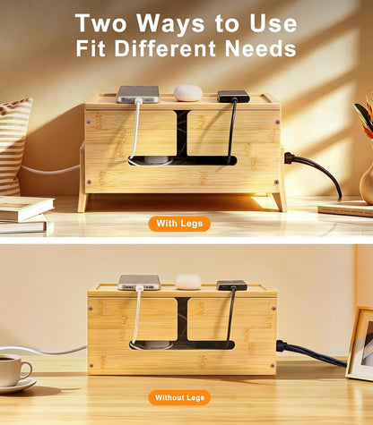 TiMOVO Cable Management Box, Bamboo Cord Organizer Box with Support Legs