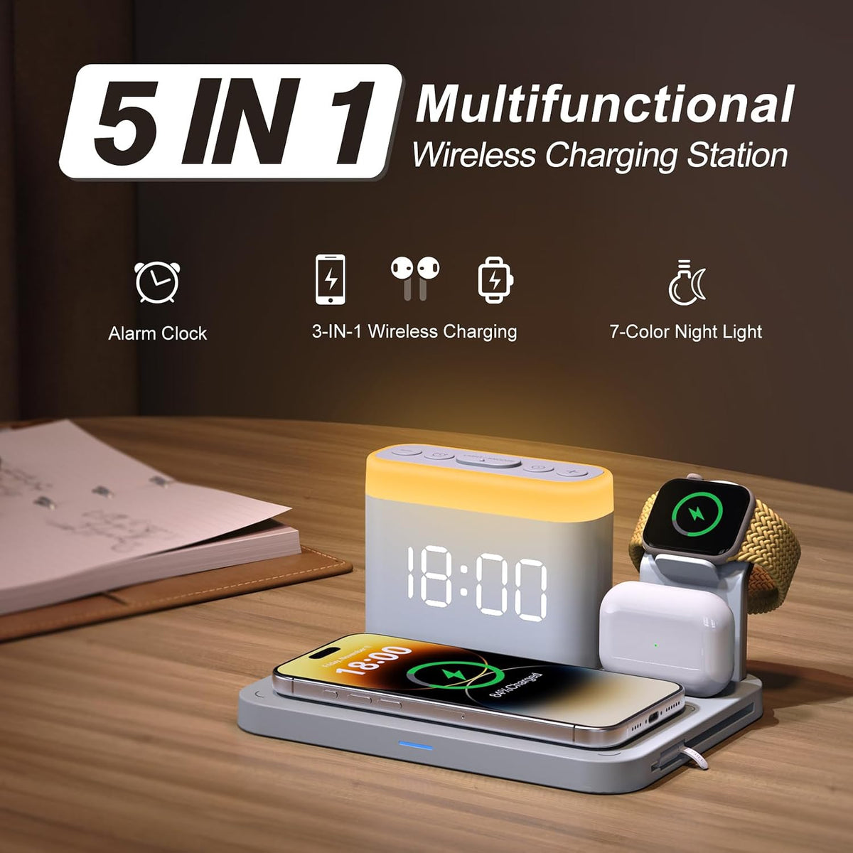 ANJANK Wireless Charging Station,5 in 1 Multiple Charger Stand with Alarm Clock,7 Night Light,Magnetic Charging Dock for iPhone 18 17 16 15 14 13 Pro Max Plus,Apple Watch 11/10/9/8,for Airpods,Bedroom