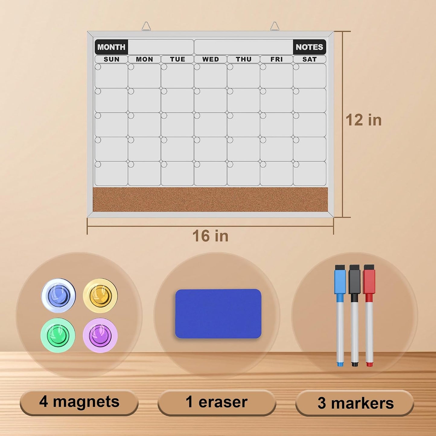 Monthly Calendar Dry Erase Board 16x12 Inch, Double-Sided Whiteboard and Corkboard Combo, Wall Mounted Planner Organizer with Markers, Magnets, Push Pins, Eraser, for Home Office School
