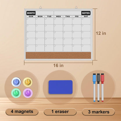 Monthly Calendar Dry Erase Board 16x12 Inch, Double-Sided Whiteboard and Corkboard Combo, Wall Mounted Planner Organizer with Markers, Magnets, Push Pins, Eraser, for Home Office School