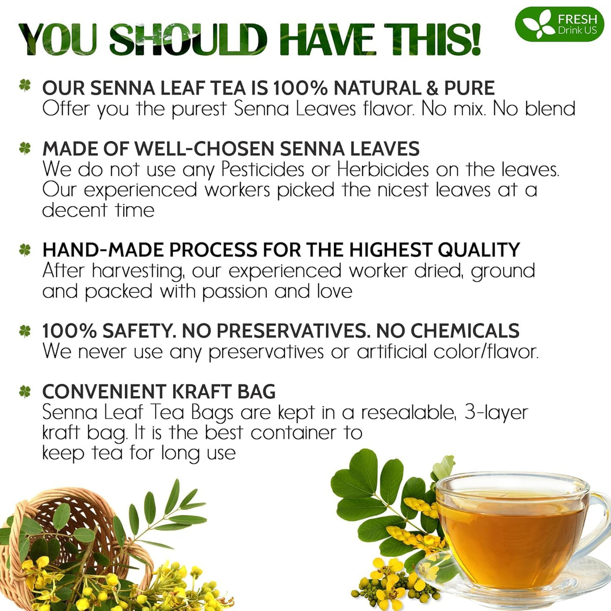 FreshDrinkUS, Premium Senna Leaf Tea Bag, 135 Count, Pure, Caffeine Free