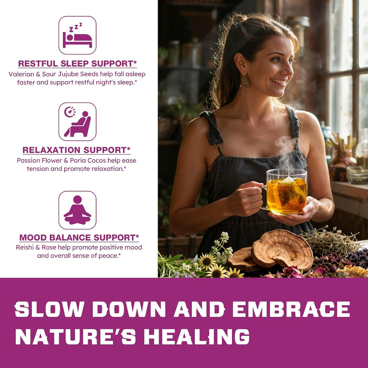 VailHerbTea Valerian Root Tea for Sleep, Relaxation & Mood Balance, 7-in-1 Valerian Tea w/Passion Flower & Reishi, Caffeine Free, 50 Tea Bags
