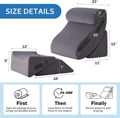 Ahpmeoa 5Pcs Wedge Pillow Set for After Surgery, Memory Foam, White/Grey