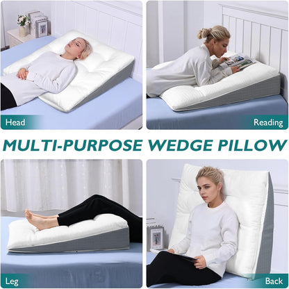 Bed Wedge Pillow for Sleep Apnea 7.5Inch Gerd Pillow Patent Dual Layer Triangle Pillow Adjustable Shredded Memory Foam Topper Soft Support Ideal for Acid Reflux, After Surgery, Snoring