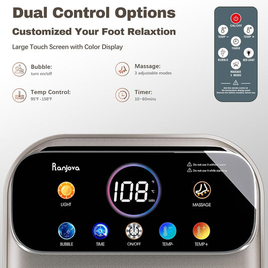 Ranjova Foot Spa Electric Rotary Massage, with Color Touch Screen and Remote Control, Foot Bath Massager with Heat, Bubble, Adjustable Temp, and 24 Motorized Shiatsu Massage Balls (Dark Grey)