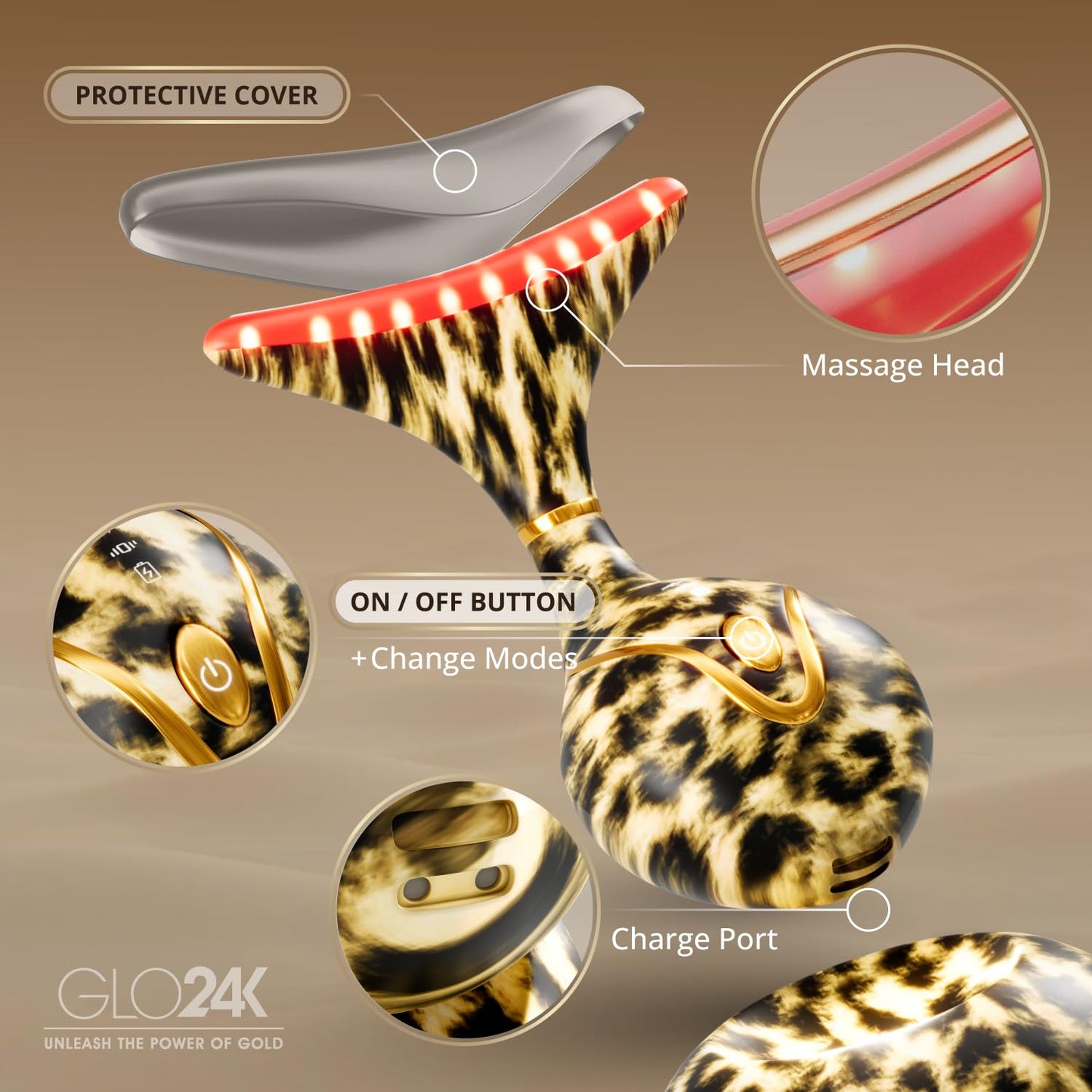 GLO24K LED Facial Massager for Face & Neck – Beauty Wand with LED Light, Vibration & Warm Massage – Cosmetic Skincare Tool