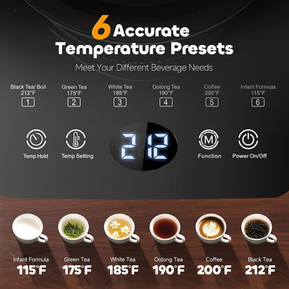 Electric Tea Kettle with Infuser Temperature Control and Automatic Shut Off 24 H Keep Warm for Coffee Water Heater and Tea Pot Glass Black 1.5L