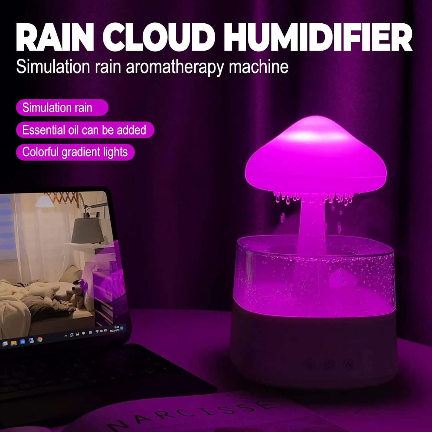 Rain Cloud Humidifier Water Drip with Adjustable LED Lights White Noise Humidification Desk Fountain Bedside Sleeping Relaxing Mood (White)